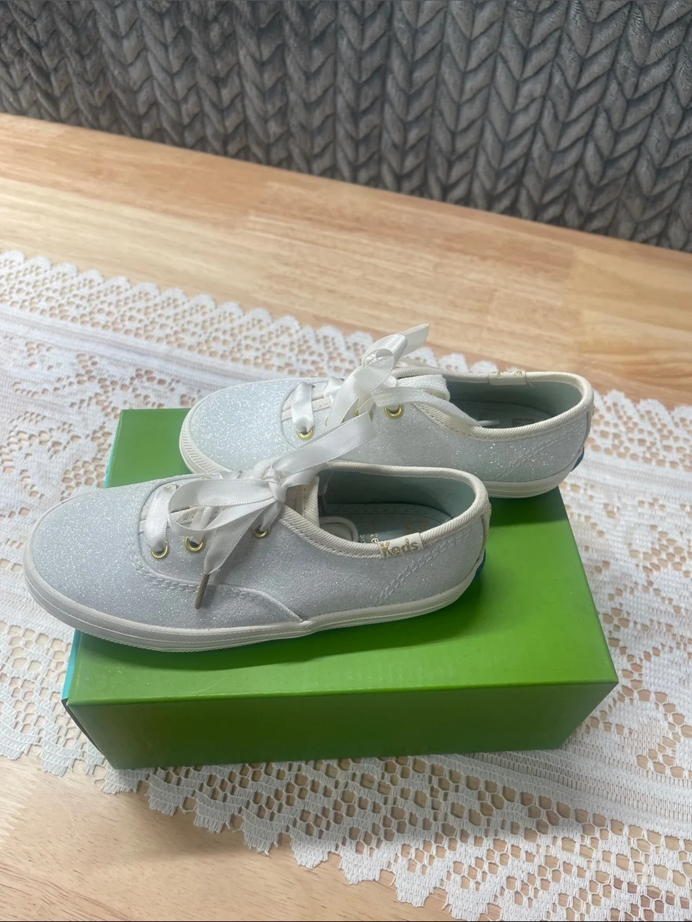 kate spade Kids' Glitter Ribbon Lace Sneakers in Cream